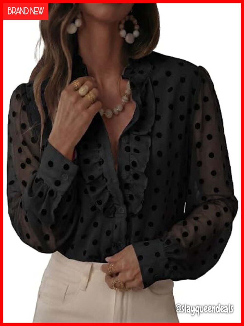 Dressy Button Down Polka Dot V Neck Sheer Mesh Long Sleeve Ruffle Blouse